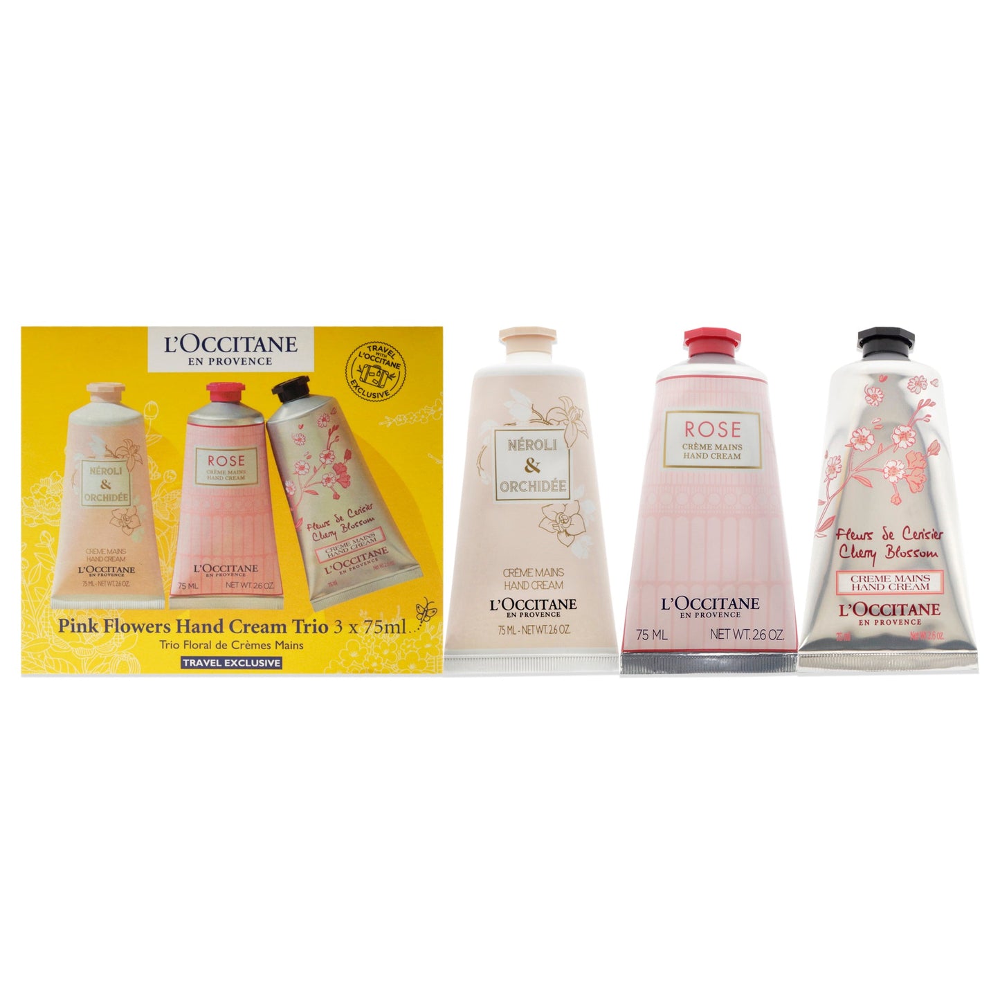 Pink Flowers Hand Cream Trio by LOccitane for Unisex 3 x 2.6 oz Pivoine Flora Hand Cream, Roses et Reines Hand & Nail Cream, Cherry Blossom Hand Cream