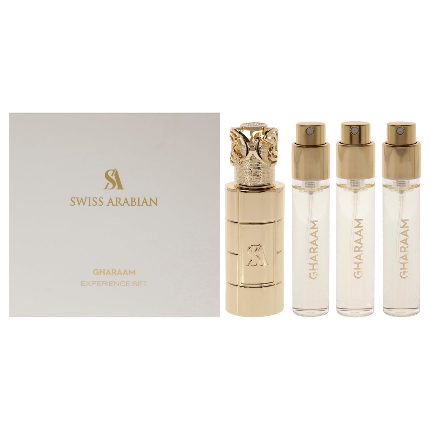 Gharaam by Swiss Arabian for Unisex - 4 Pc Set 3 x 10ml Perfume Spray, 1 Pc Metal Case