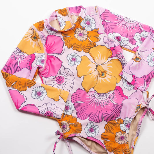 Blooming Hibiscus Girls One Piece Long Sleeve Swimsuit