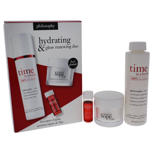 Hydrating & Glow Renewing by Philosophy for Unisex 3 Pc Set 1.3oz Time In A Bottle Resist-Renew-Repair Serum, 0.093oz Time In A Bottle Resist-Renew-Repair Activator, 0.5oz Renewed Hope In A Jar
