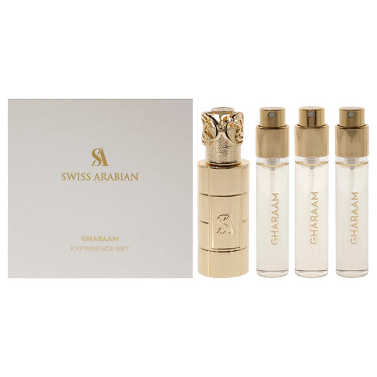 Gharaam by Swiss Arabian for Unisex - 4 Pc Set 3 x 10ml Perfume Spray, 1 Pc Metal Case