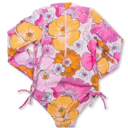 Blooming Hibiscus Girls One Piece Long Sleeve Swimsuit